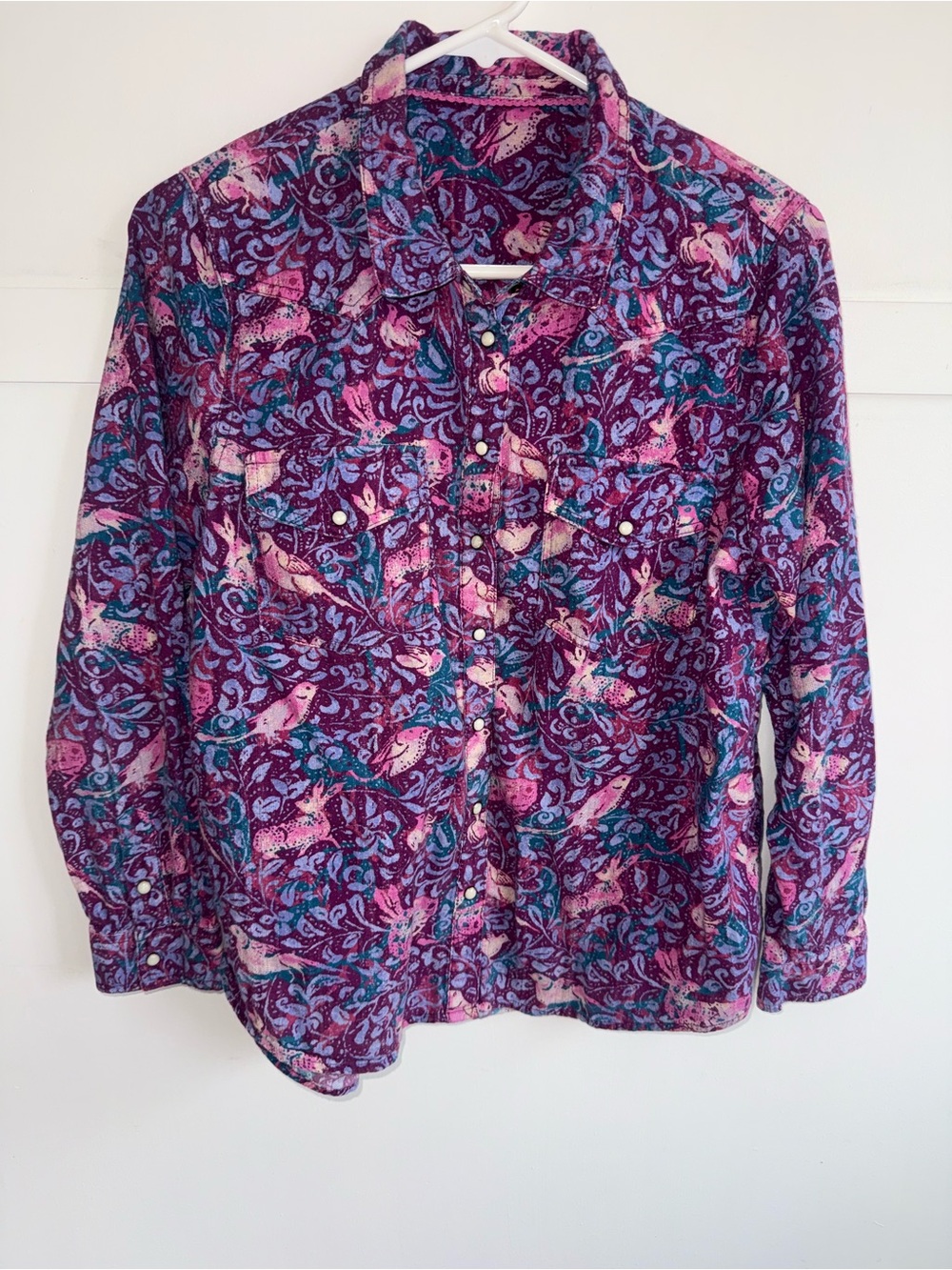 Sundance Floral Button Down Shirt Purple 100% Cotton Boho bird Botanical Size PS